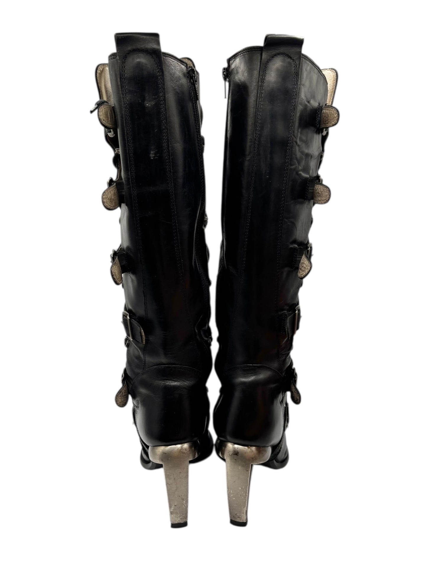 Vintage New Rock knee high leather biker heels size 38