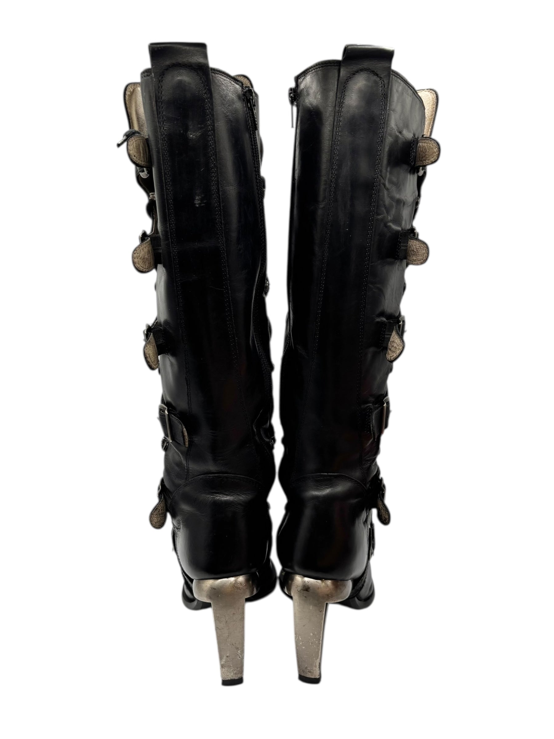 Vintage New Rock knee high leather biker heels size 38