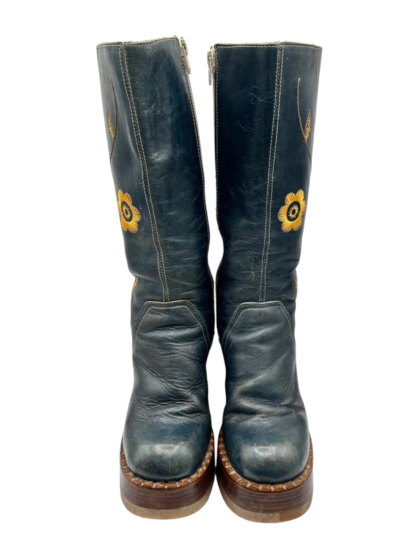 Beautiful vintage 90s Destroy knee high flower block platform boots size 37