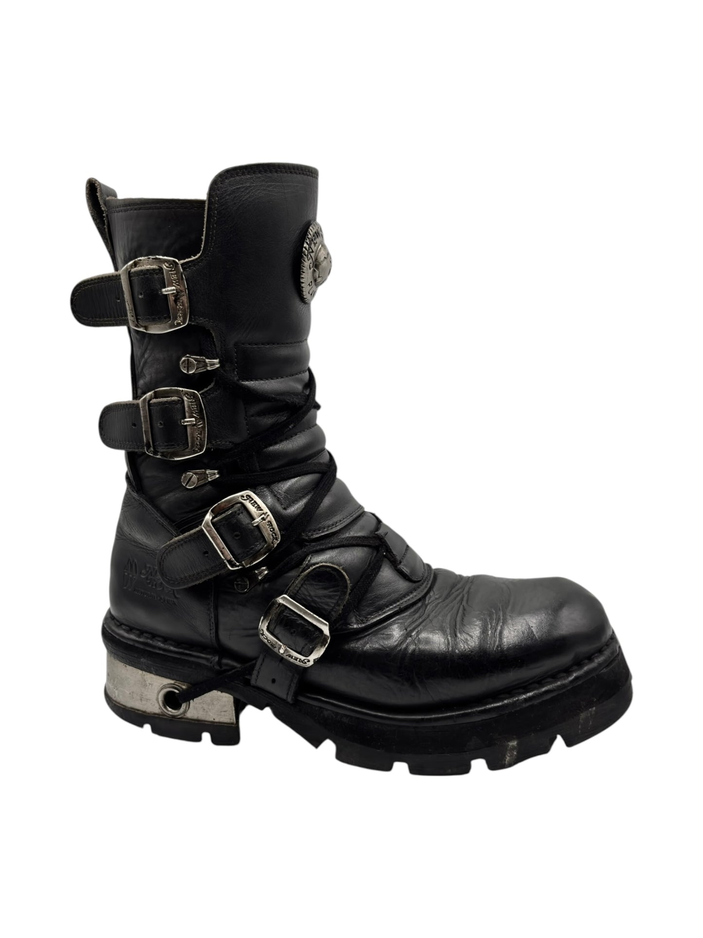 Vintage New Rock buckled raised-heel mid-calf leather boots