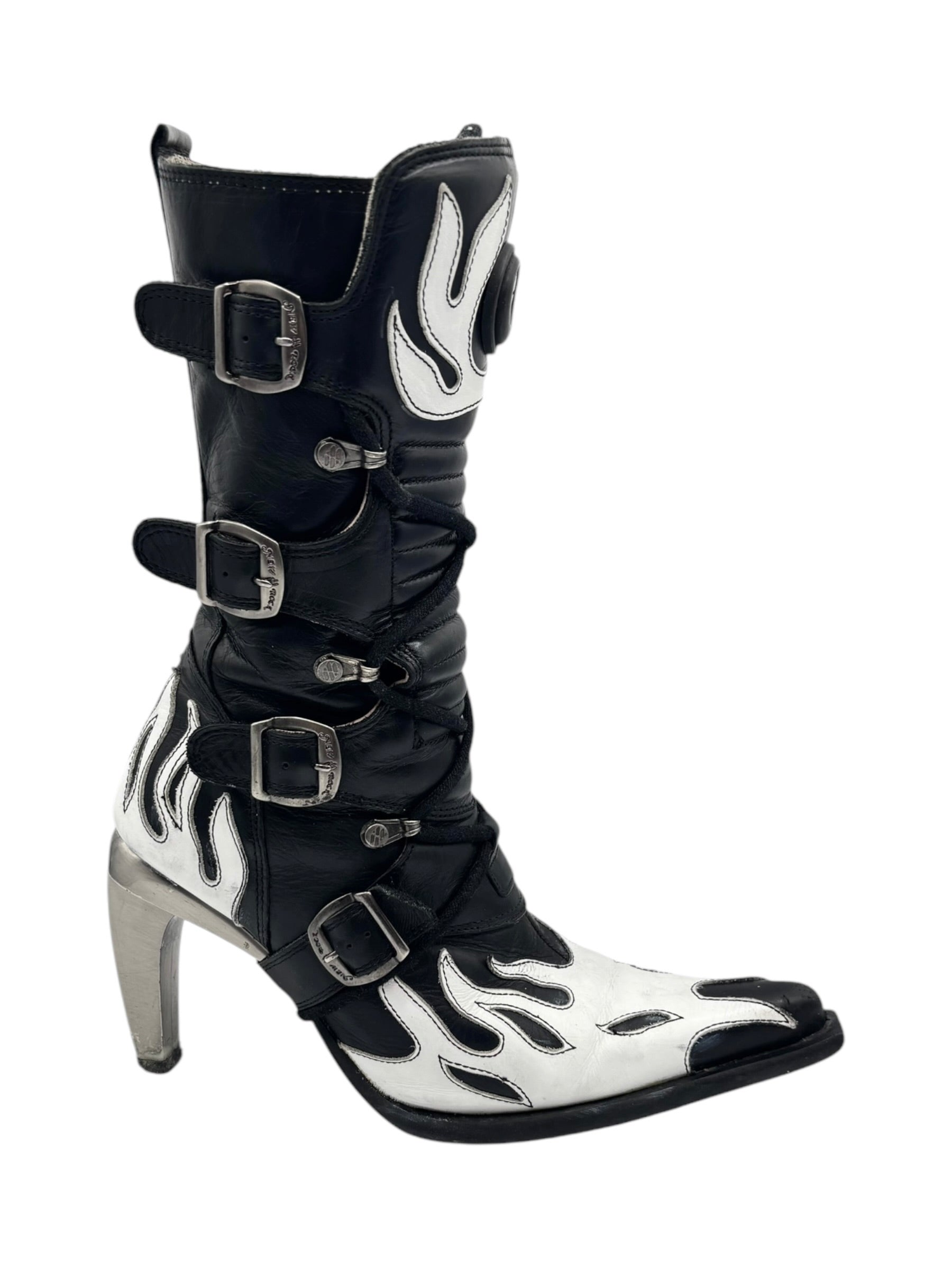 Vintage New Rock white flame pointy biker heels size 36