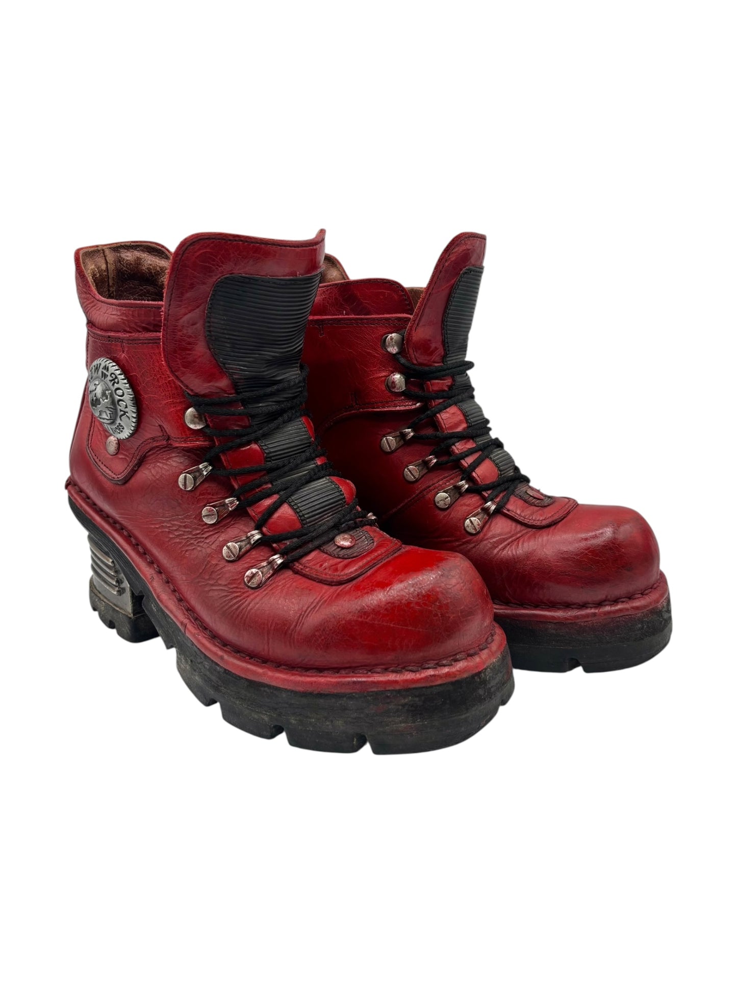 Vintage New Rock brown hand-made leather red heels size 37