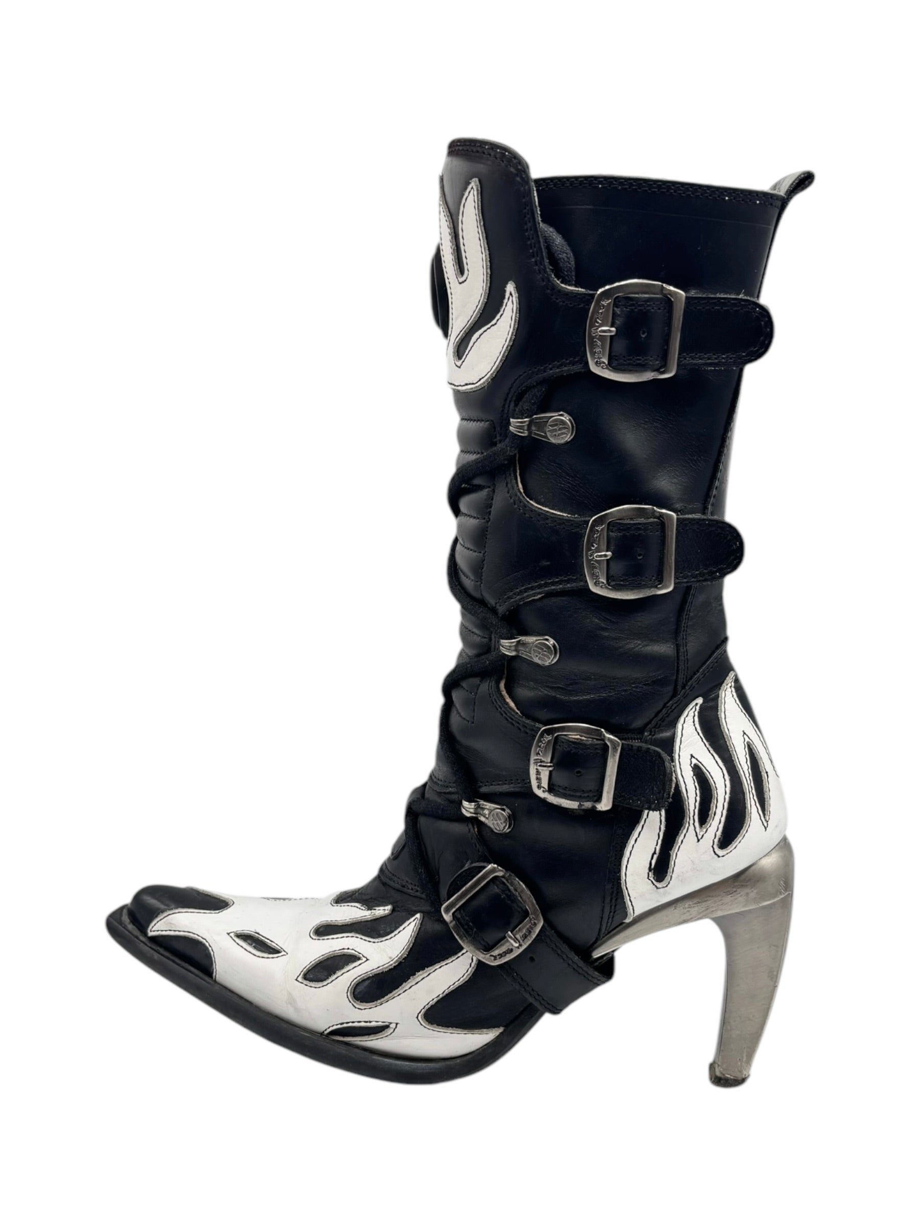 Vintage New Rock white flame pointy biker heels size 36