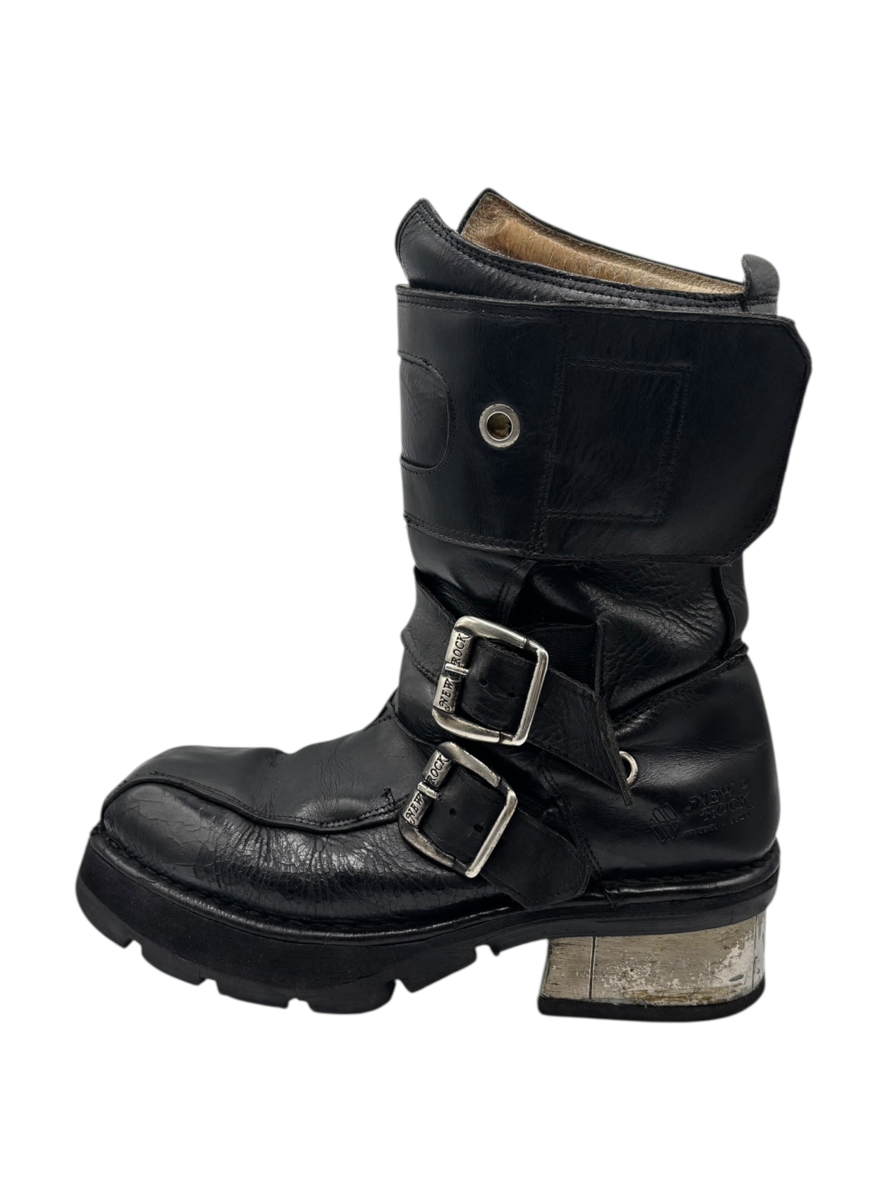 Extremely rare vintage New Rock buckled raised-heel leather boots size 42