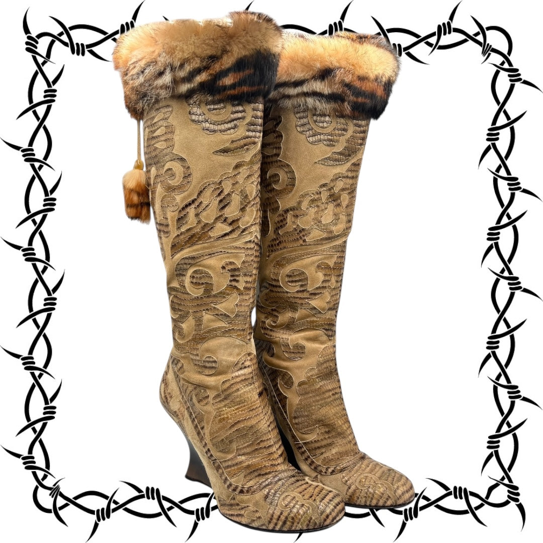 Beautiful vintage El Dantes golden brown fur leather boots size 40