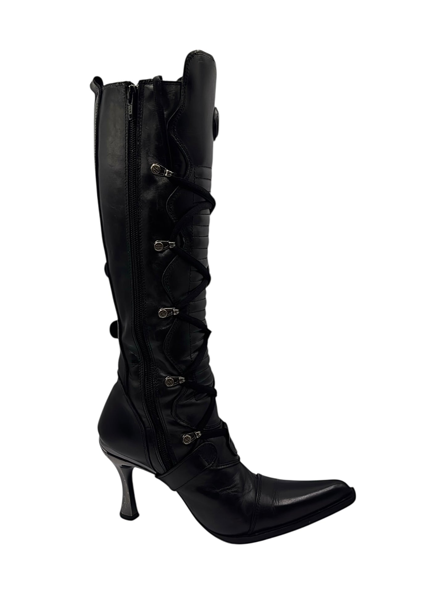 Vintage New Rock knee high leather biker heels size 44