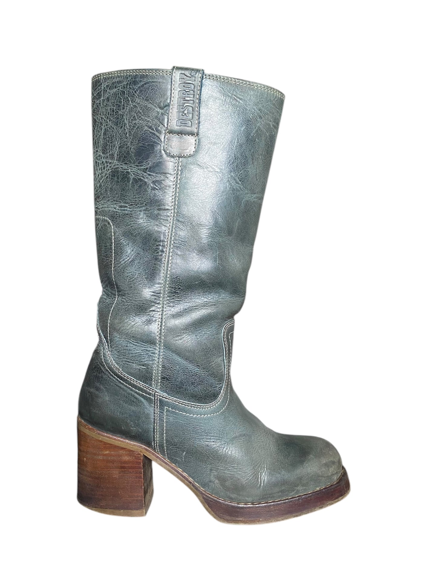 Vintage Destroy jade green block platform leather boots size 41