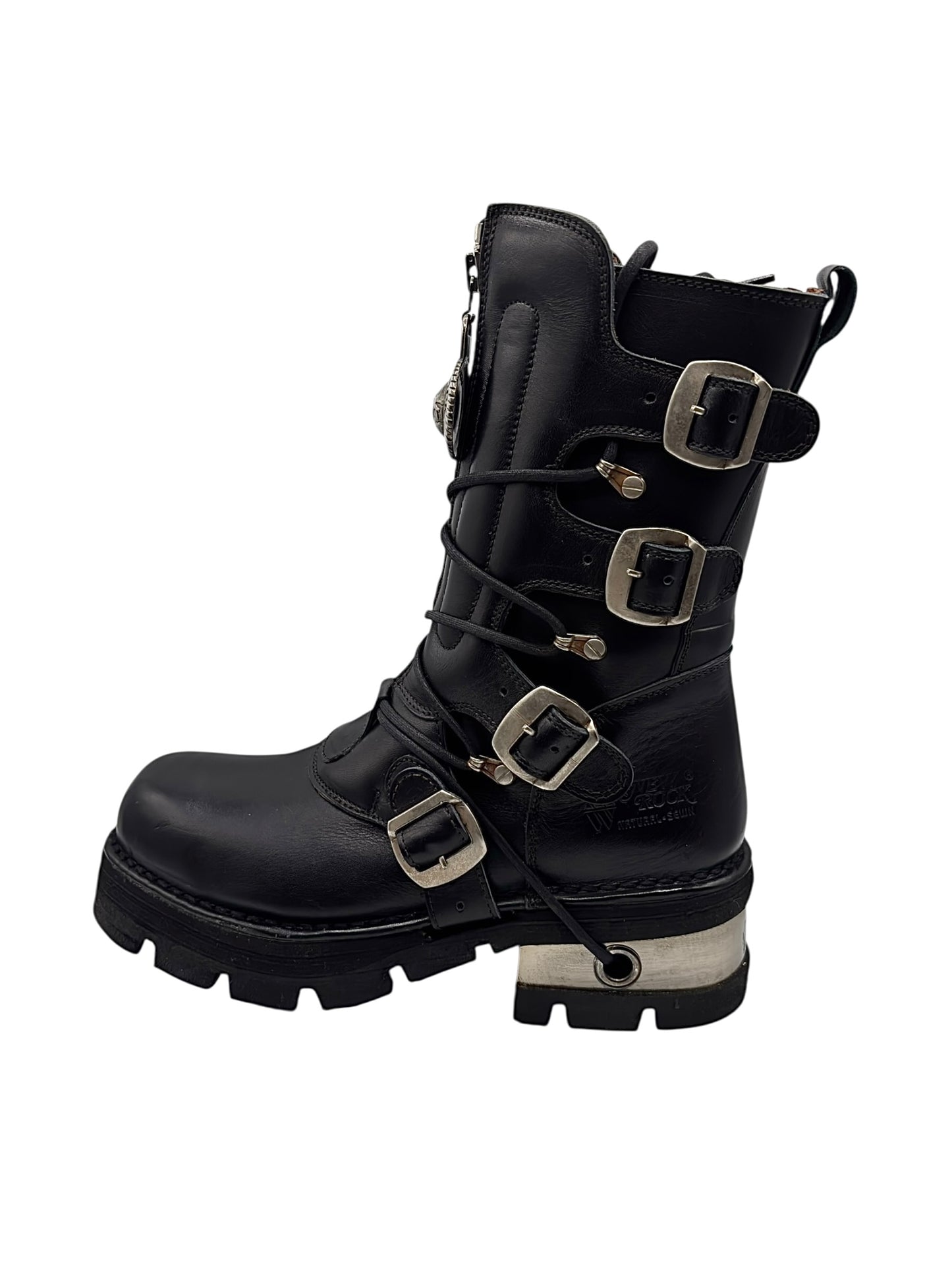 Vintage New Rock buckled raised-heel mid-calf leather boots size 41