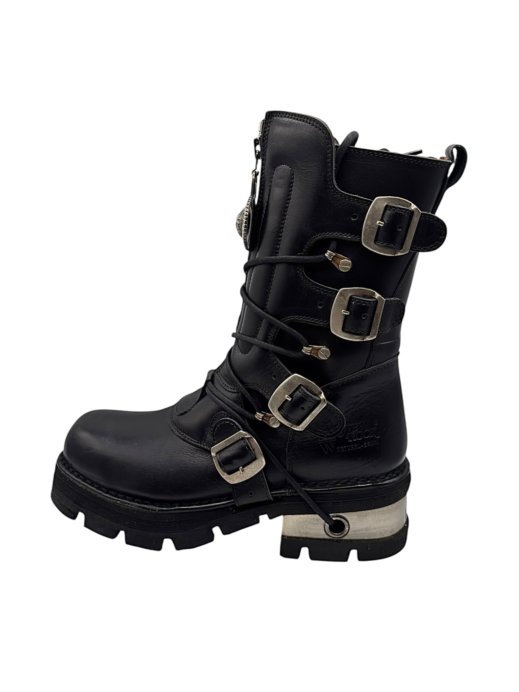 Vintage New Rock buckled raised-heel mid-calf leather boots size 41