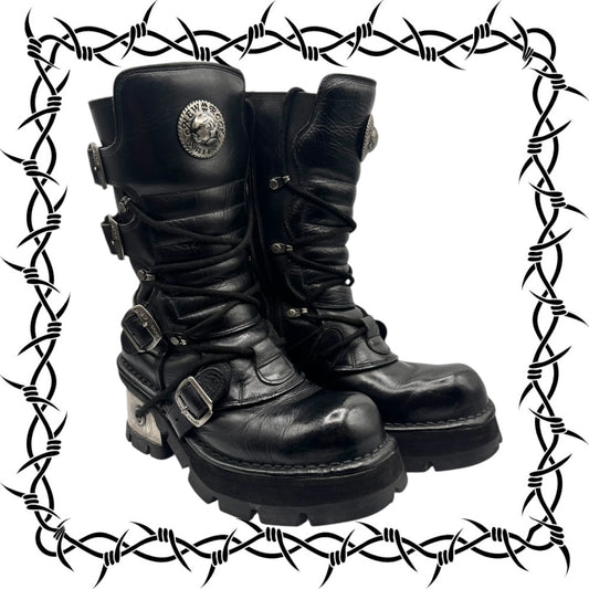 Vintage New Rock buckled raised-heel mid-calf leather boots size 40