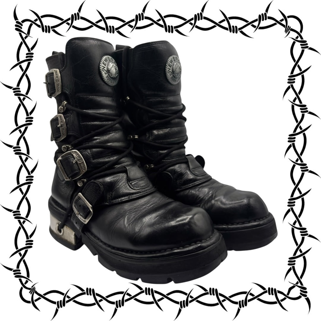 Vintage New Rock buckled raised-heel mid-calf leather boots