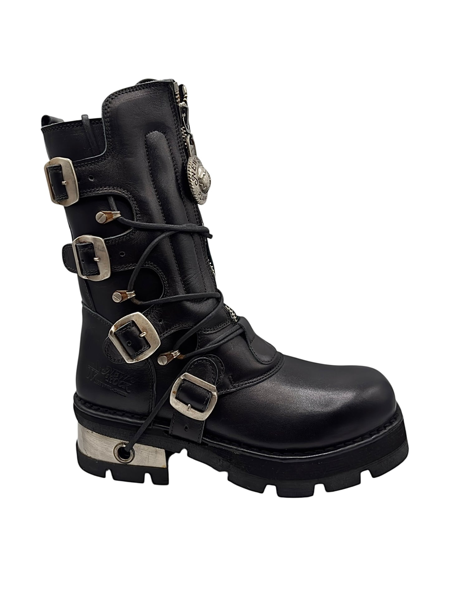 Vintage New Rock buckled raised-heel mid-calf leather boots size 41