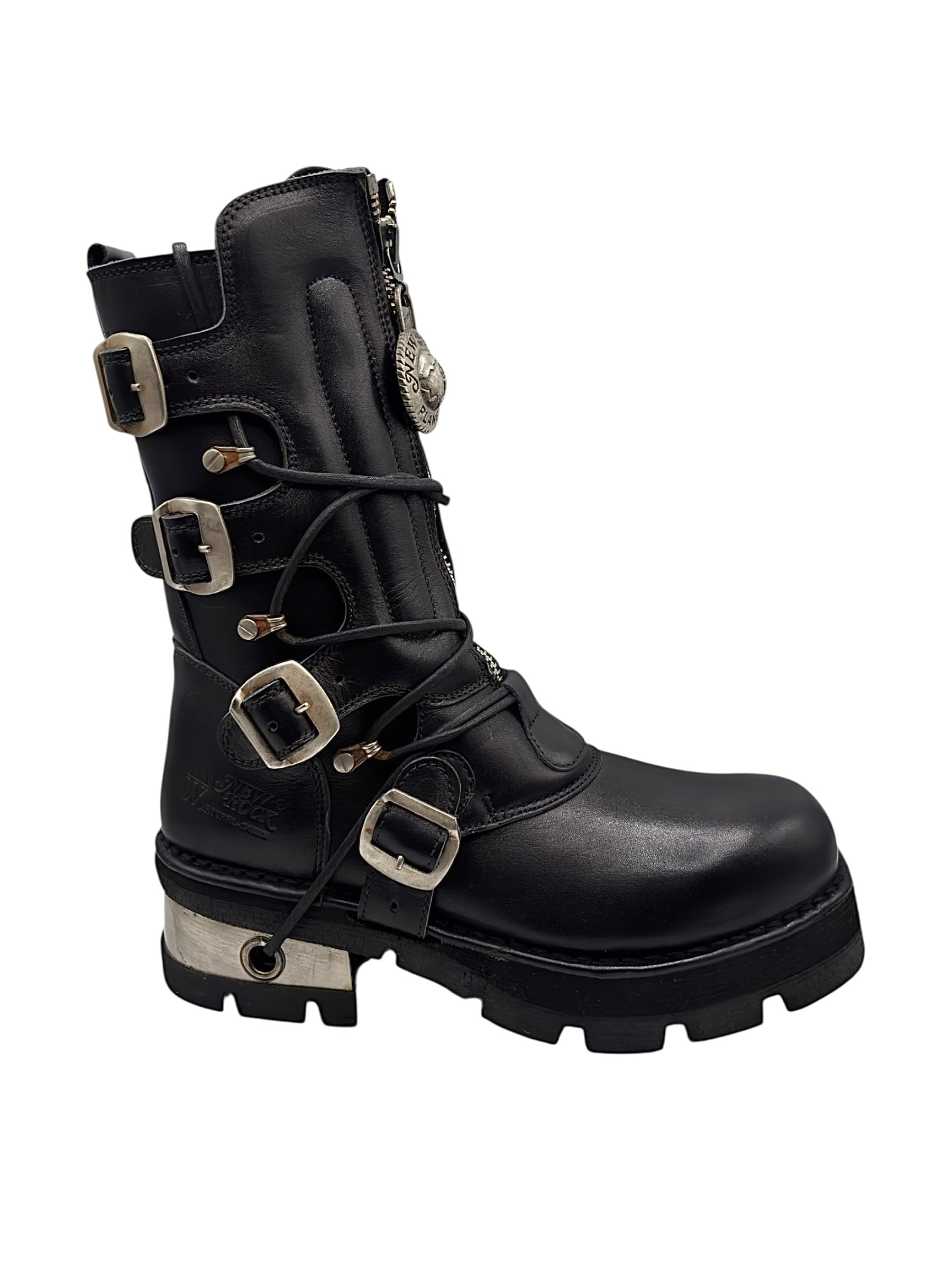 Vintage New Rock buckled raised-heel mid-calf leather boots size 41