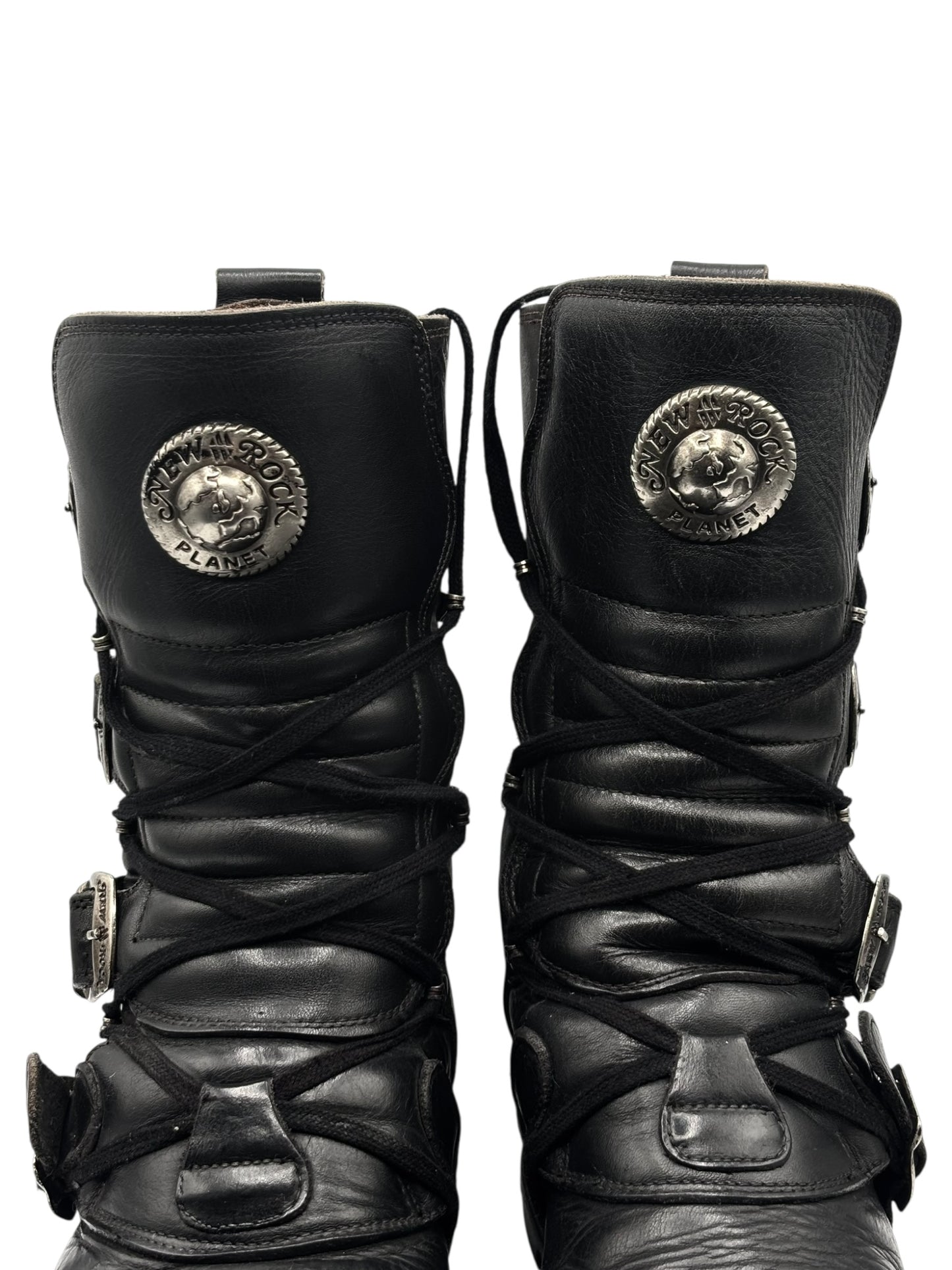 Vintage New Rock buckled raised-heel mid-calf leather boots