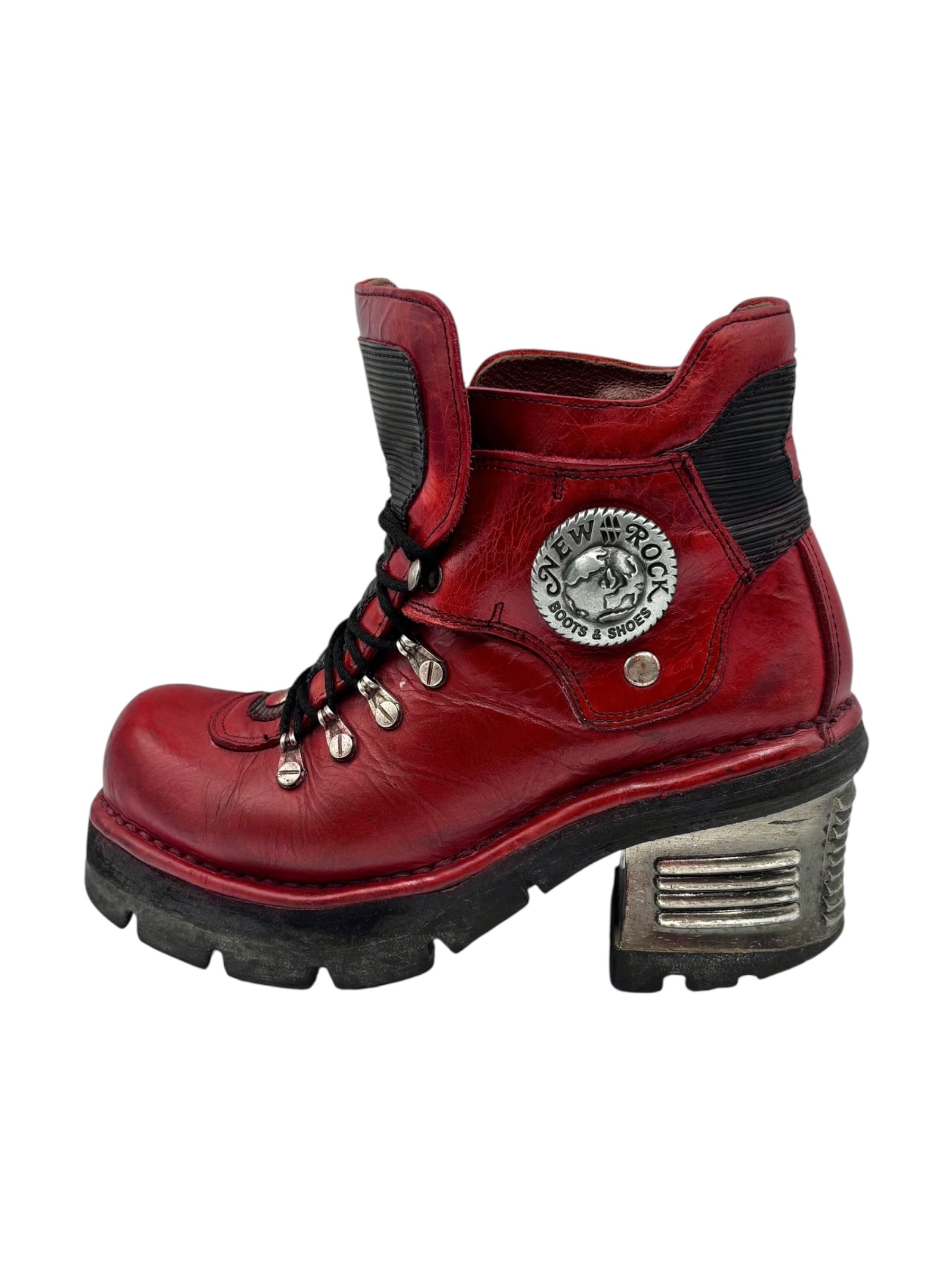 Vintage New Rock brown hand-made leather red heels size 37