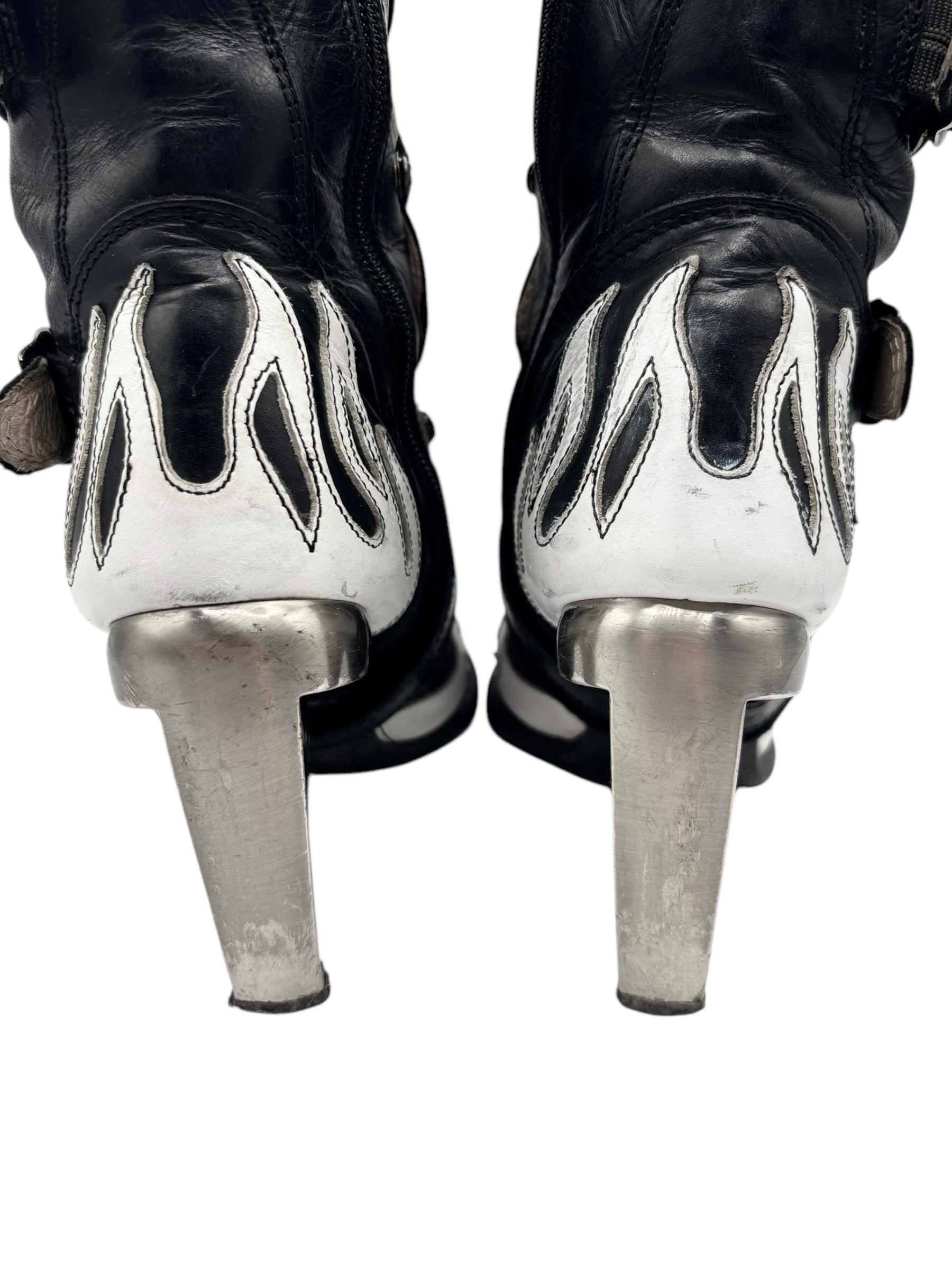 Vintage New Rock white flame pointy biker heels size 36