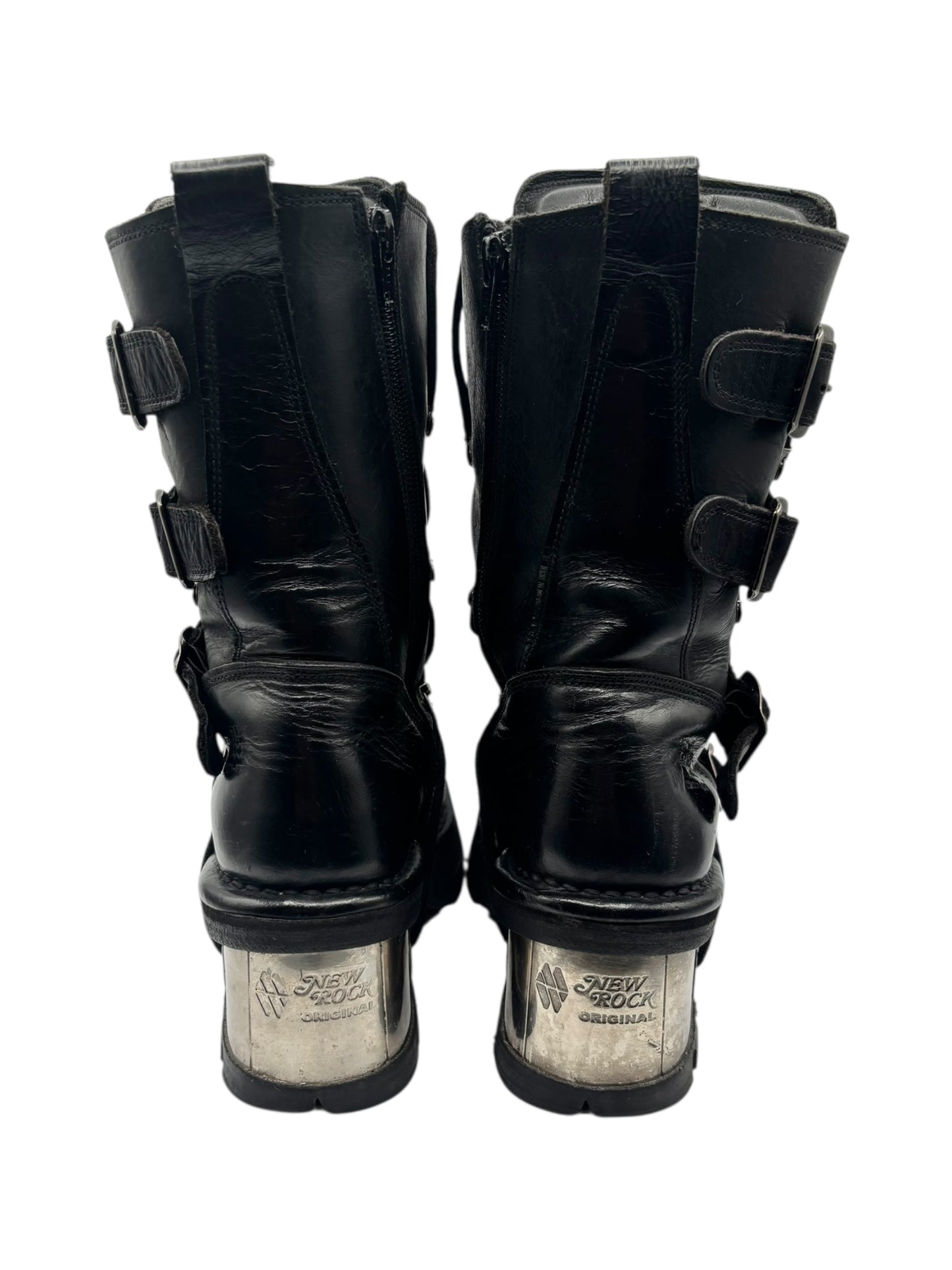 Vintage New Rock buckled raised-heel mid-calf leather boots size 40