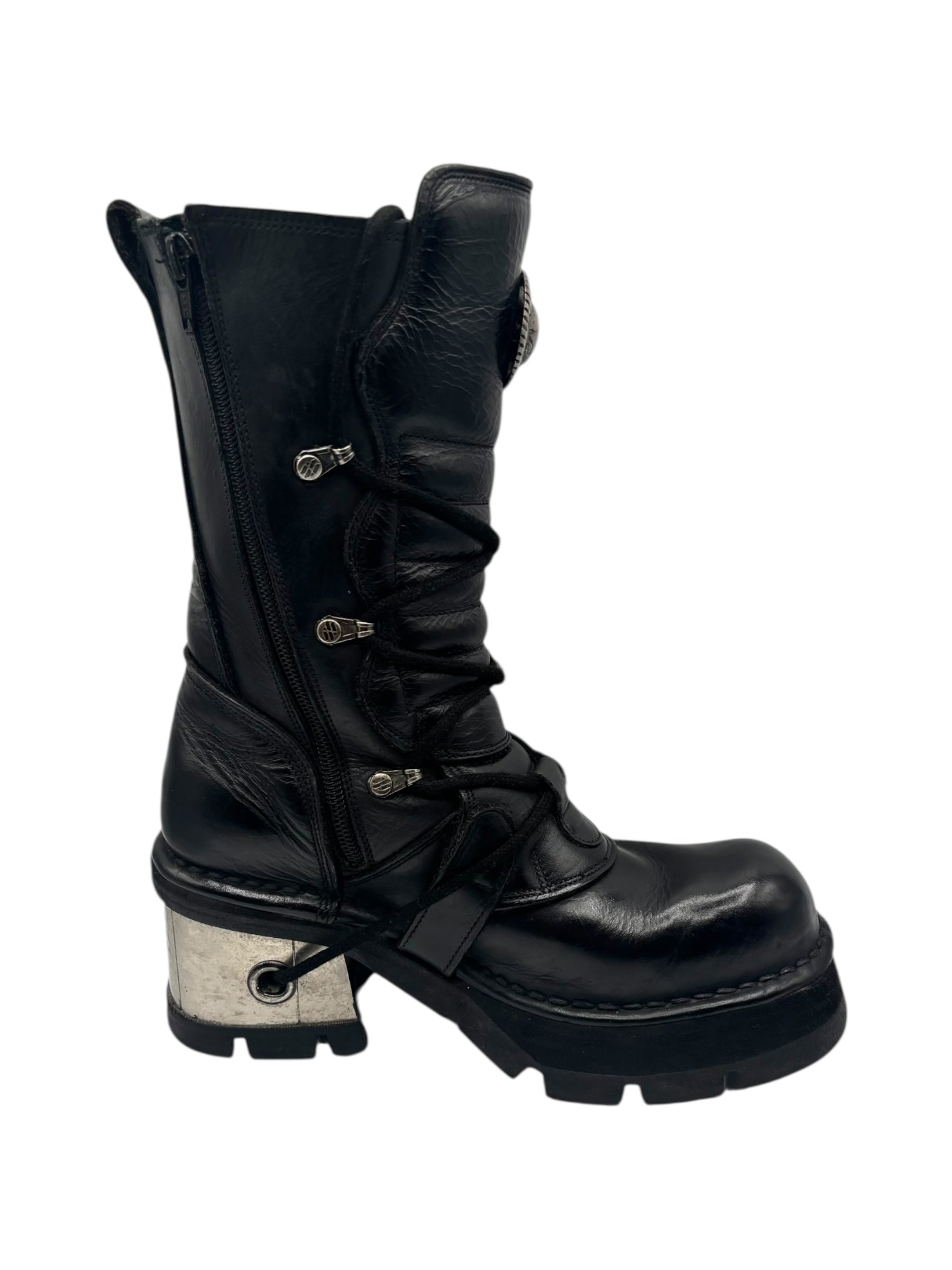 Vintage New Rock buckled raised-heel mid-calf leather boots size 40