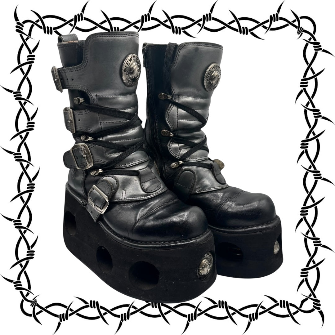 Vintage 90s New Rock mid-calf leather neptuno platform boots size 36