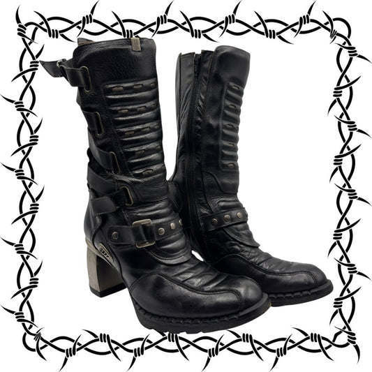 Vintage New Rock biker mid-calf leather boots