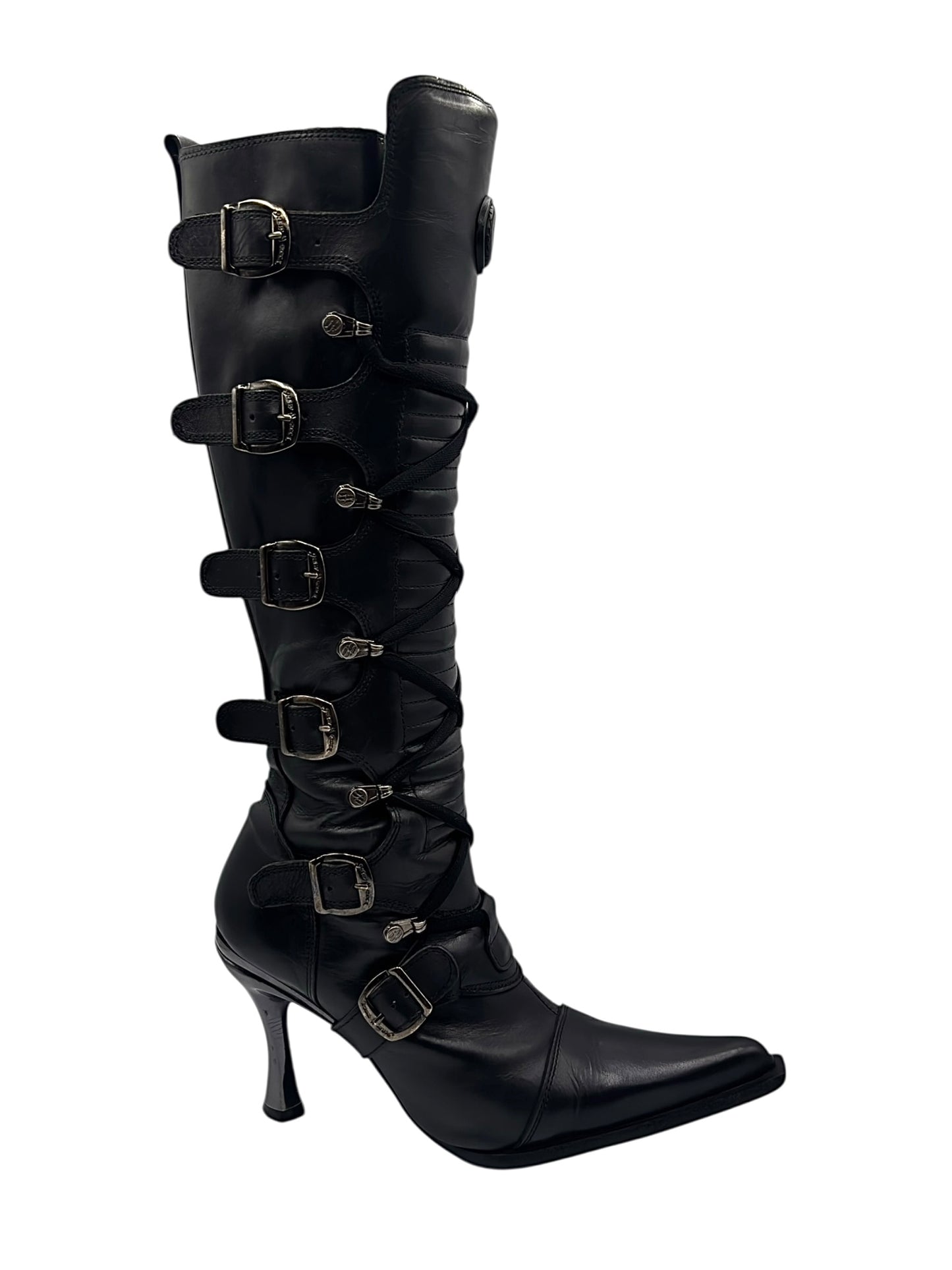 Vintage New Rock knee high leather biker heels size 44