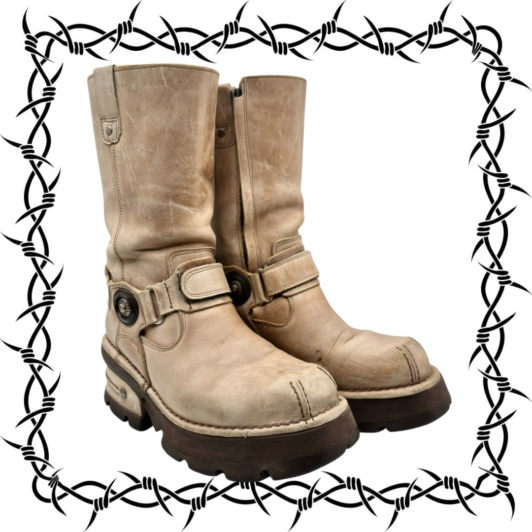 Vintage New Rock beige leather biker boots size 40