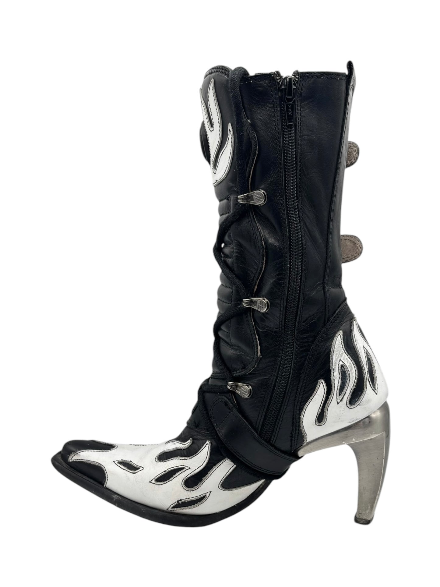 Vintage New Rock white flame pointy biker heels size 36