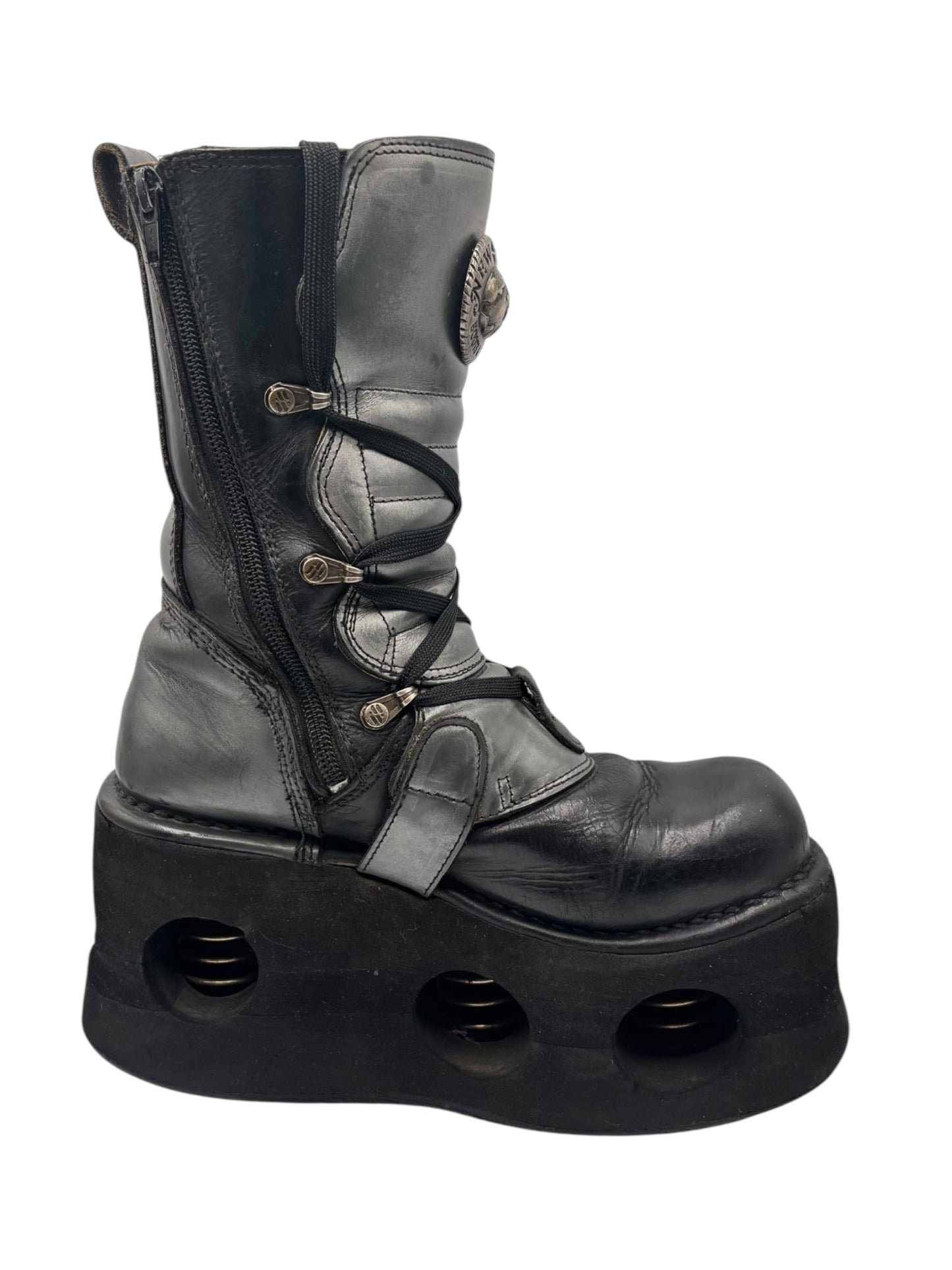 Vintage 90s New Rock mid-calf leather neptuno platform boots size 36