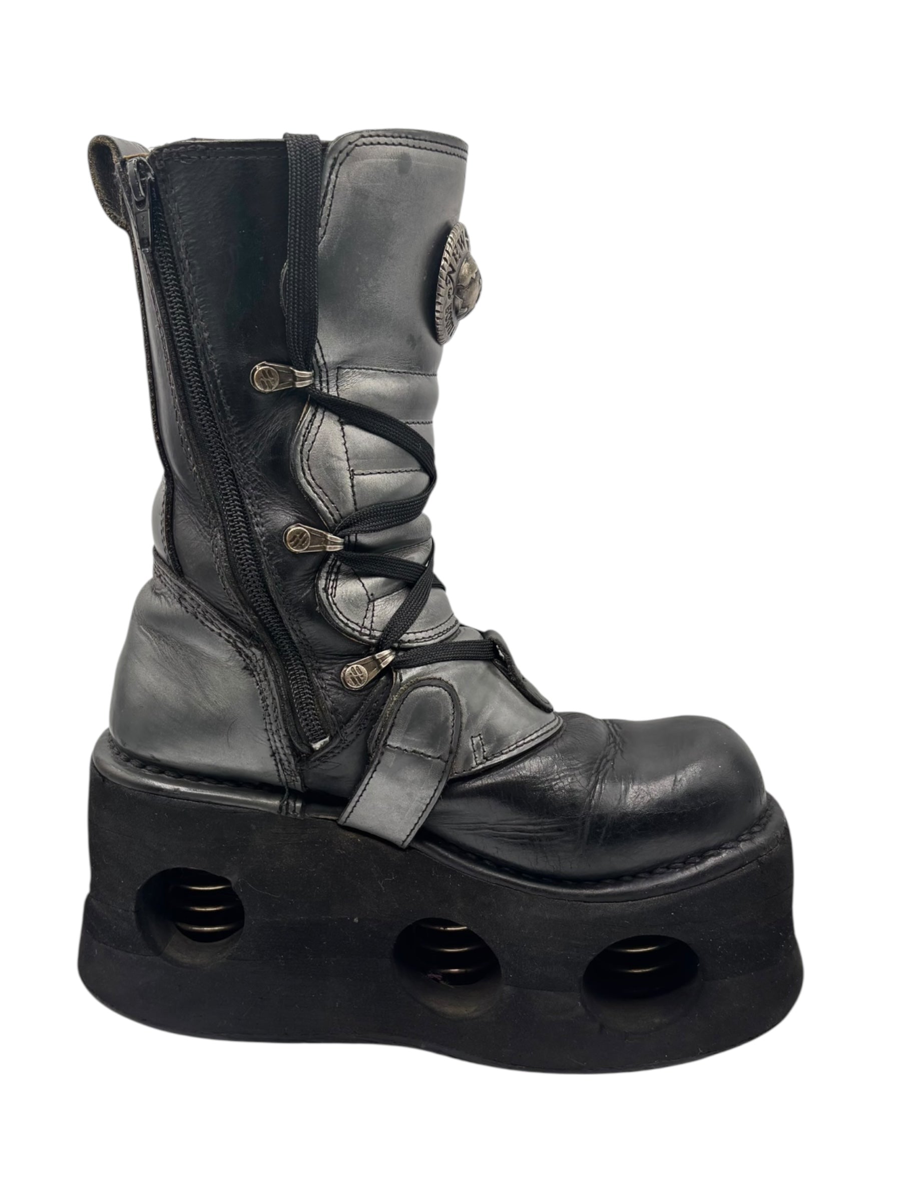 Vintage 90s New Rock mid-calf leather neptuno platform boots size 36