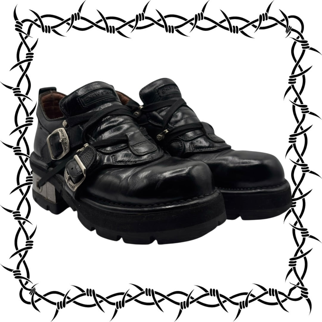 Vintage New Rock buckled raised-heel leather boots