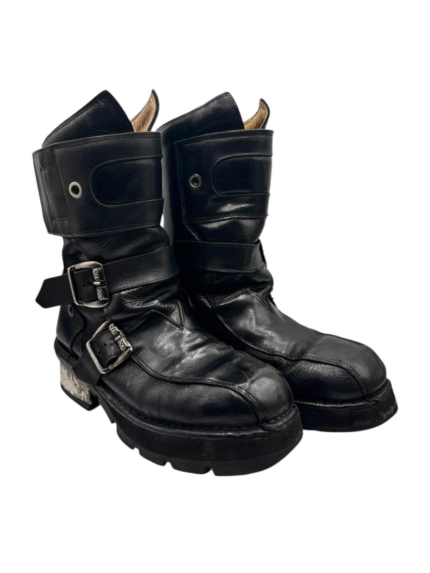 Extremely rare vintage New Rock buckled raised-heel leather boots size 42