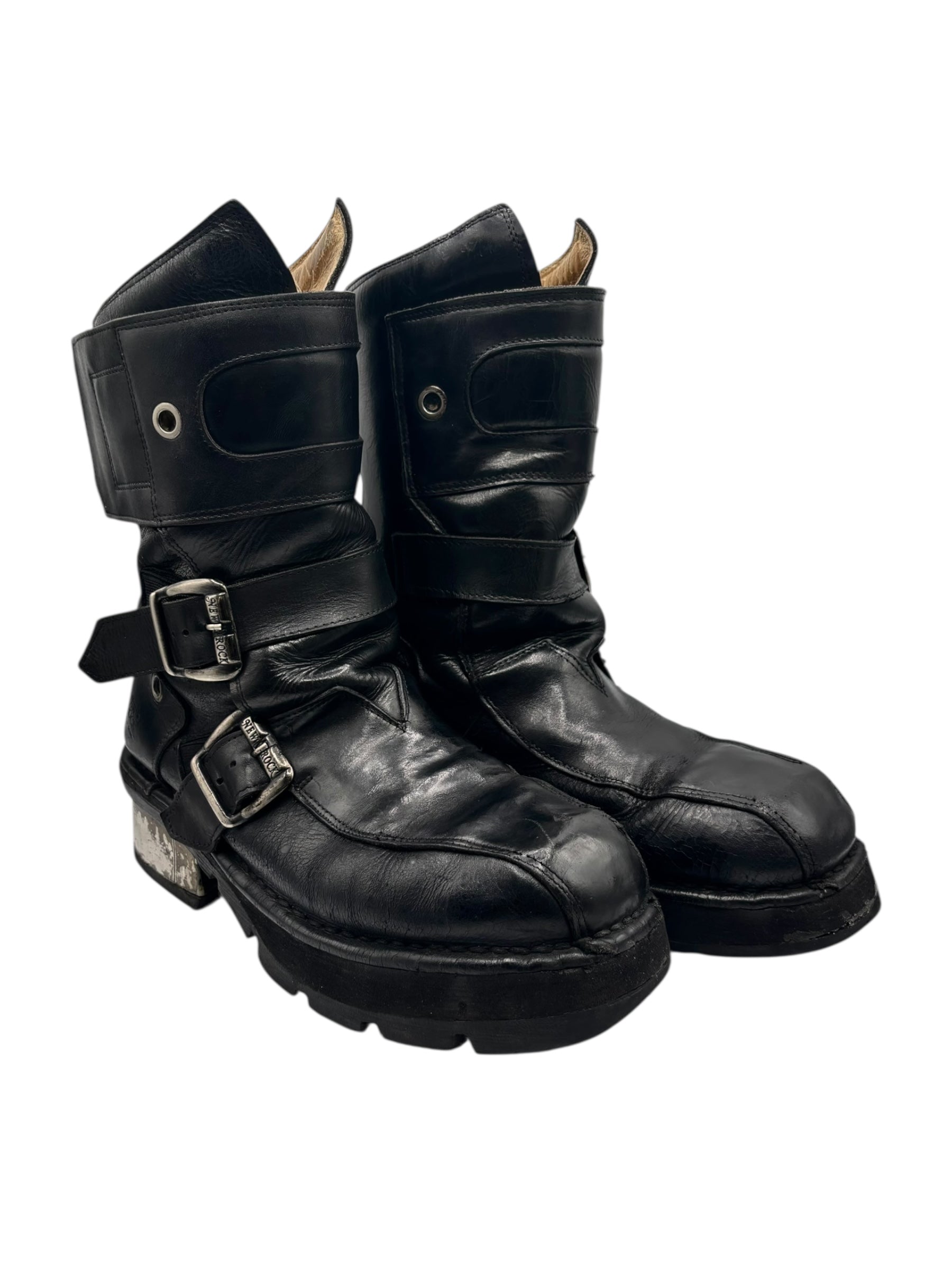 Extremely rare vintage New Rock buckled raised-heel leather boots size 42