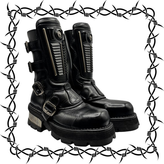 Vintage New Rock buckled raised-heel mid-calf leather boots size 39