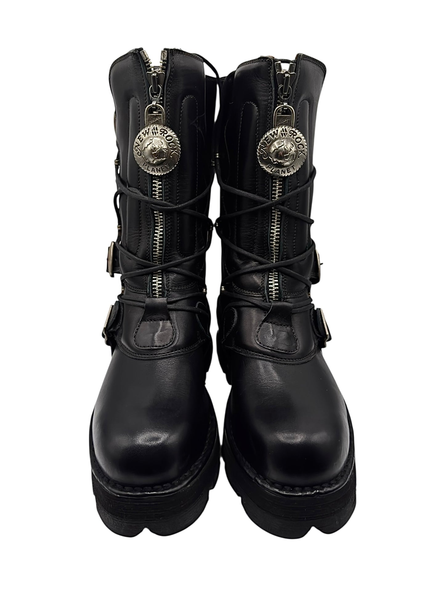 Vintage New Rock buckled raised-heel mid-calf leather boots size 41