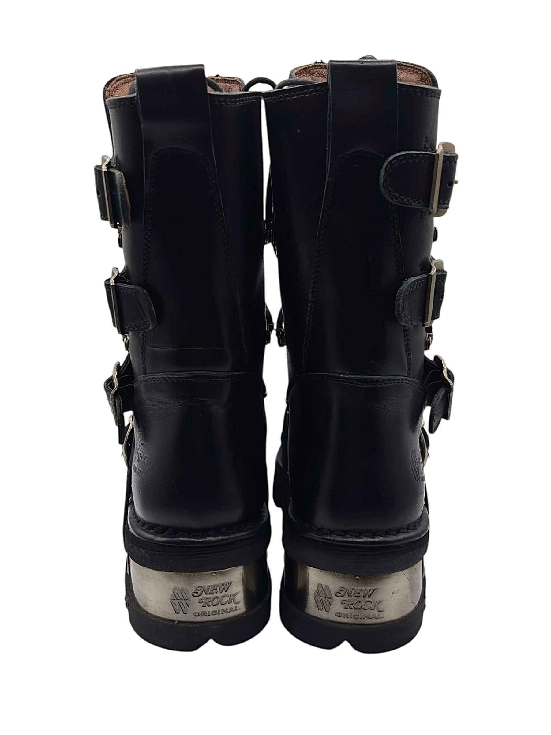 Vintage New Rock buckled raised-heel mid-calf leather boots size 41