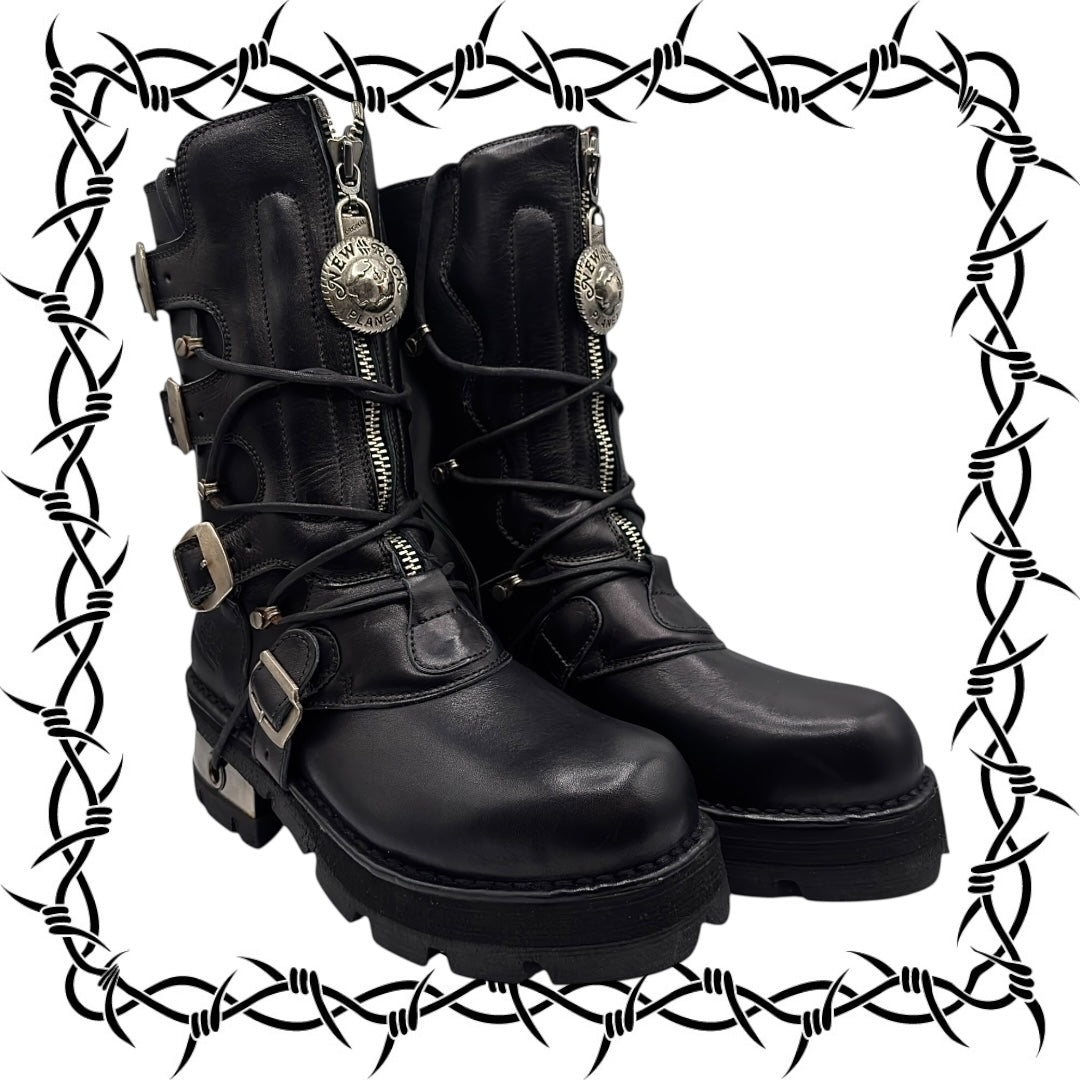 Vintage New Rock buckled raised-heel mid-calf leather boots size 41