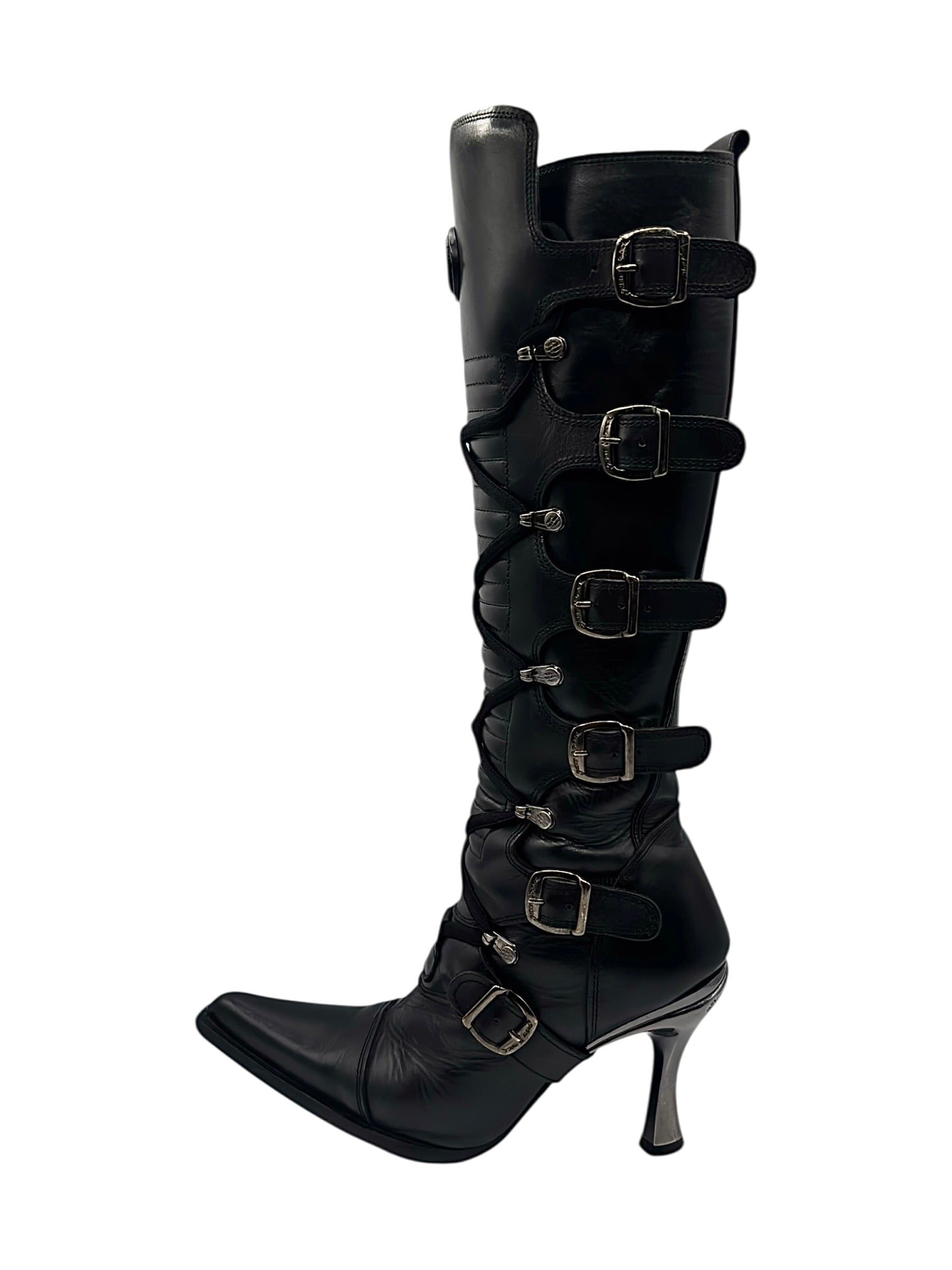Vintage New Rock knee high leather biker heels size 44