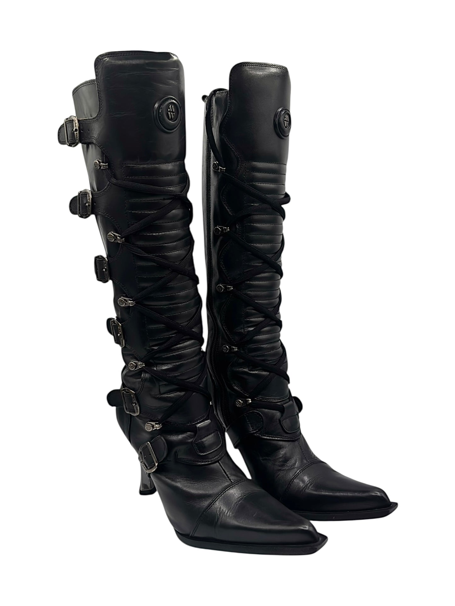 Vintage New Rock knee high leather biker heels size 44