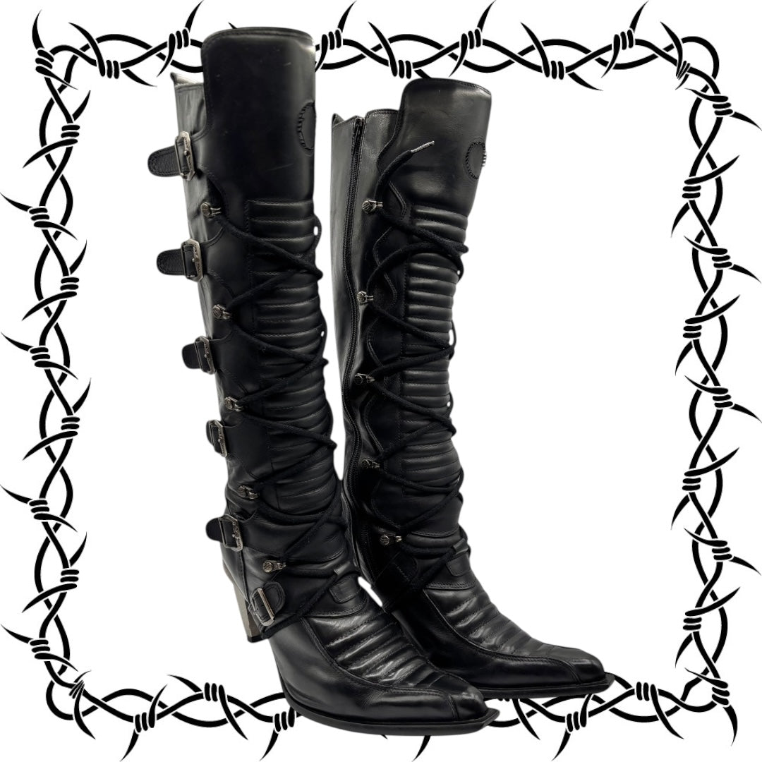 Vintage New Rock knee high leather biker heels size 38