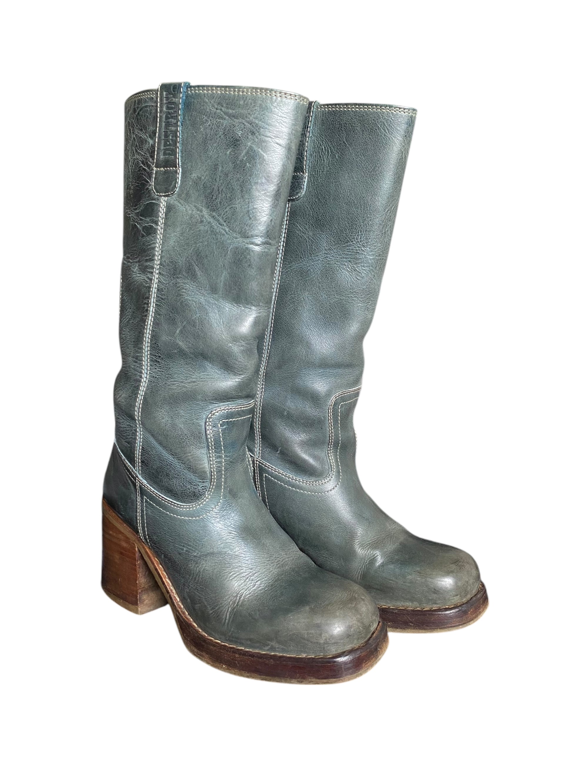 Vintage Destroy jade green block platform leather boots size 41