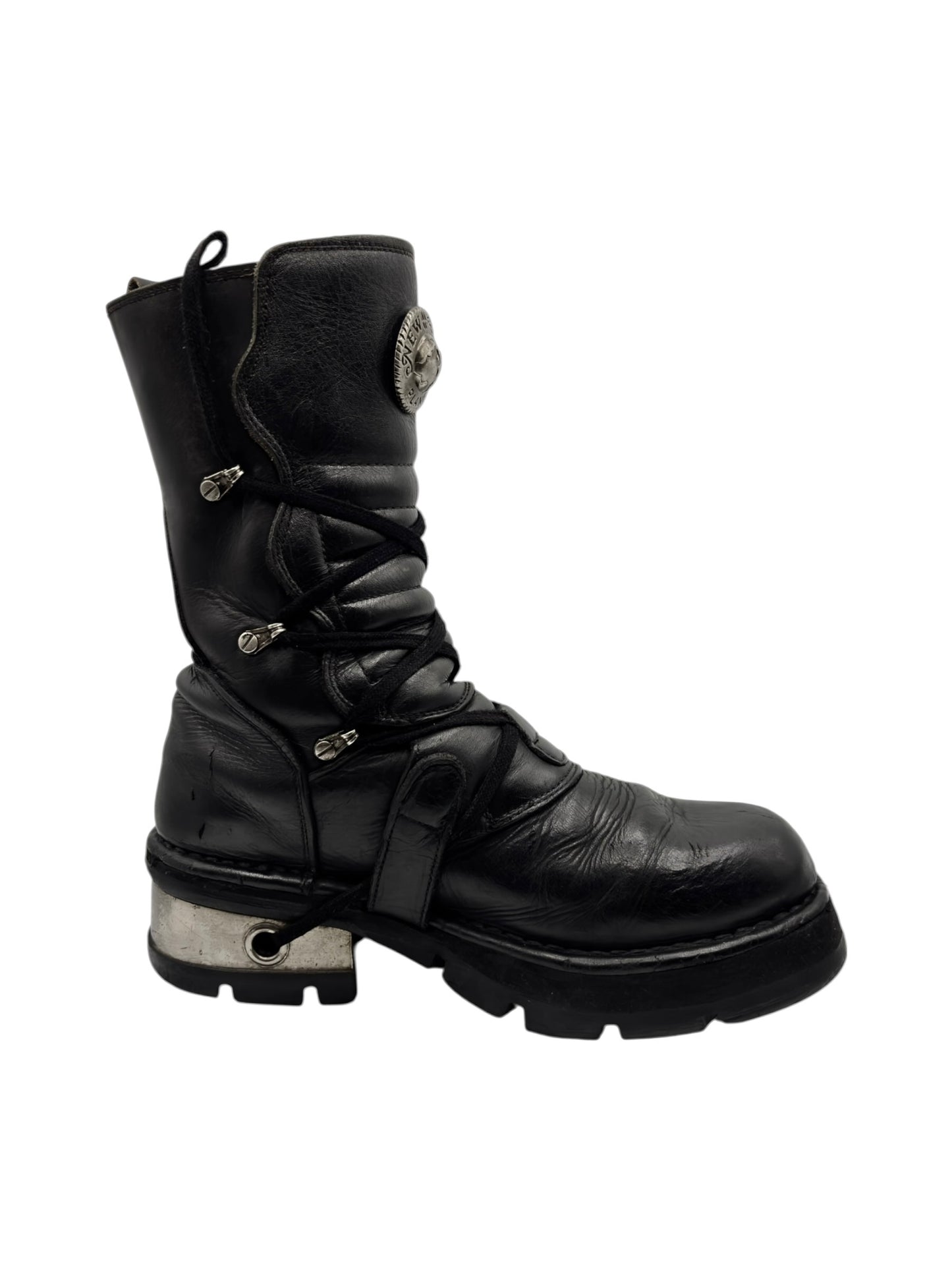 Vintage New Rock buckled raised-heel mid-calf leather boots