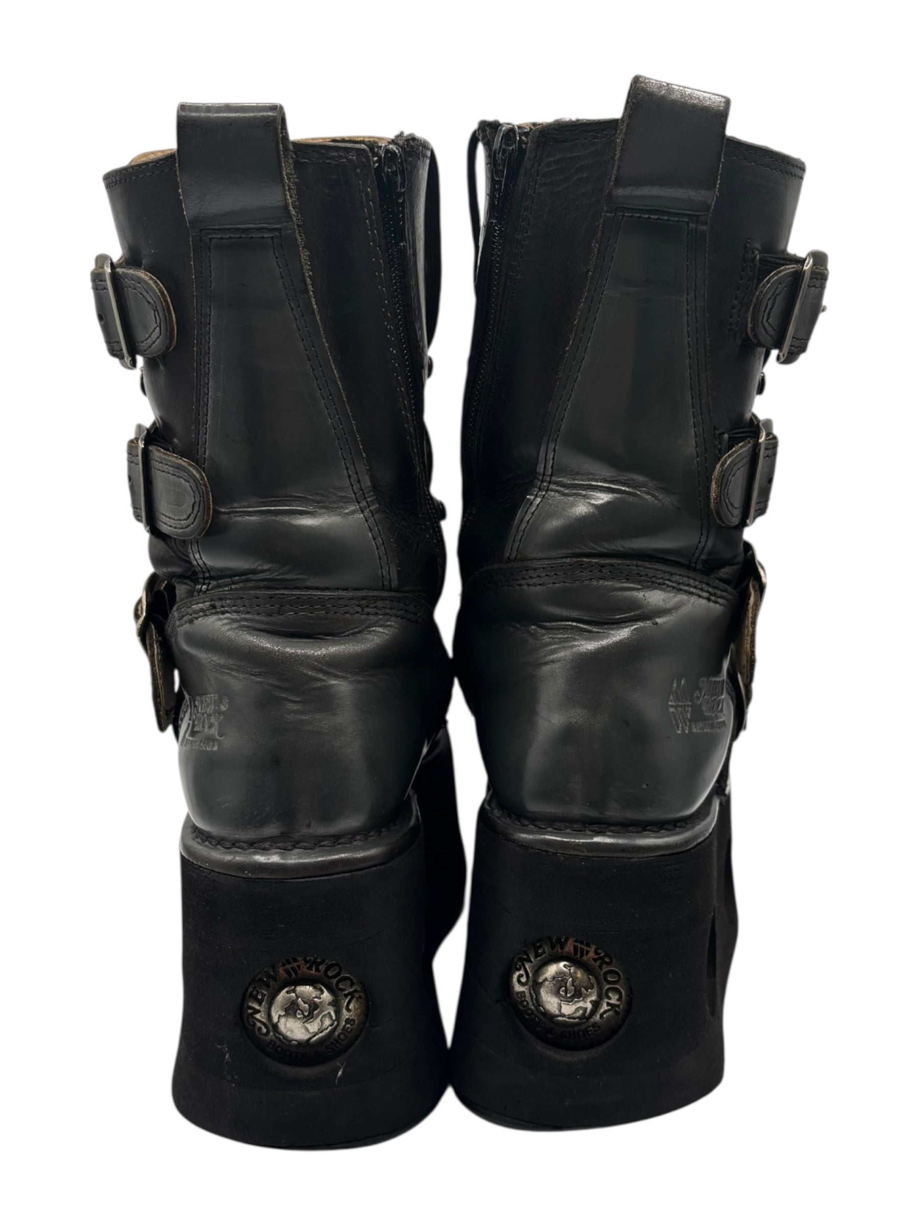 Vintage 90s New Rock mid-calf leather neptuno platform boots size 36
