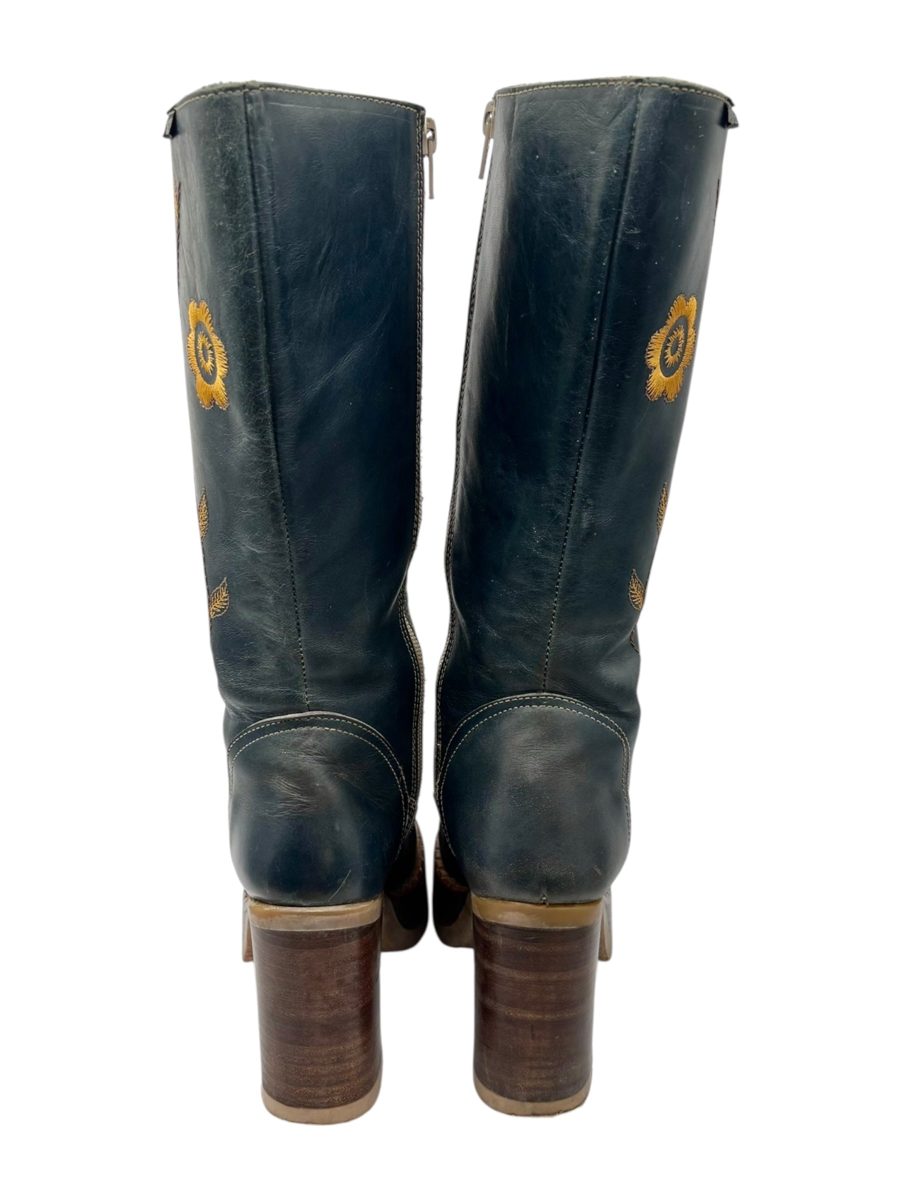 Beautiful vintage 90s Destroy knee high flower block platform boots size 37