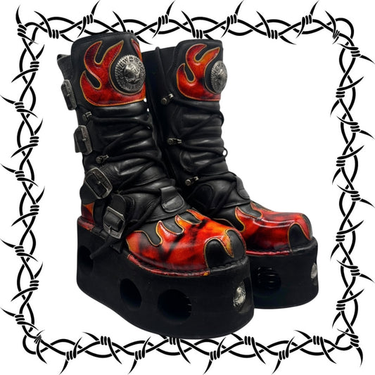 Vintage 90s New Rock flame neptuno platform boots size 38