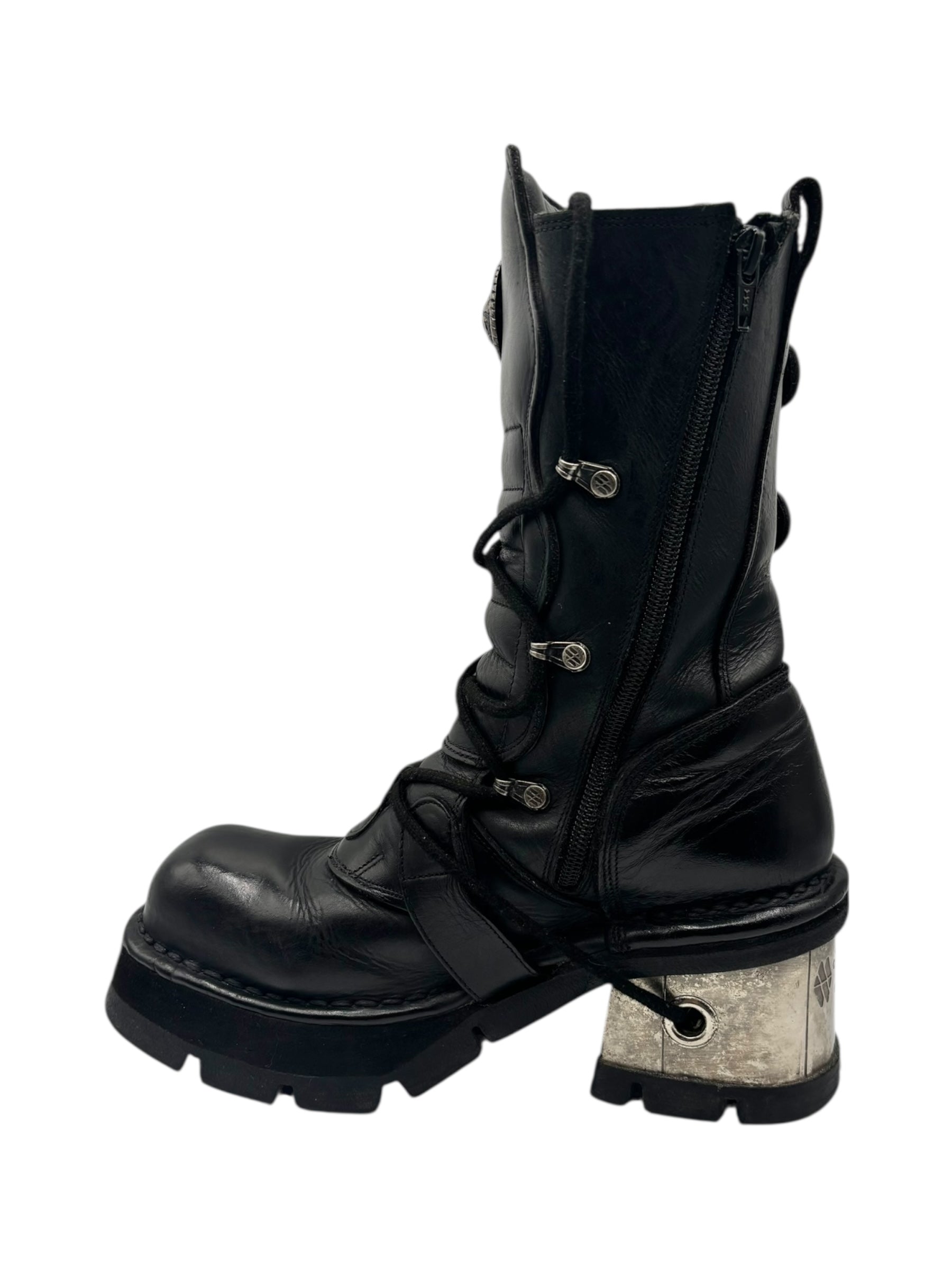 Vintage New Rock buckled raised-heel mid-calf leather boots size 40