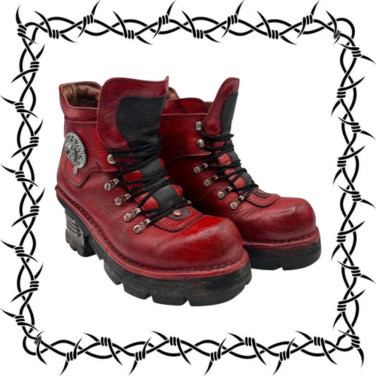 Vintage New Rock brown hand-made leather red heels size 37